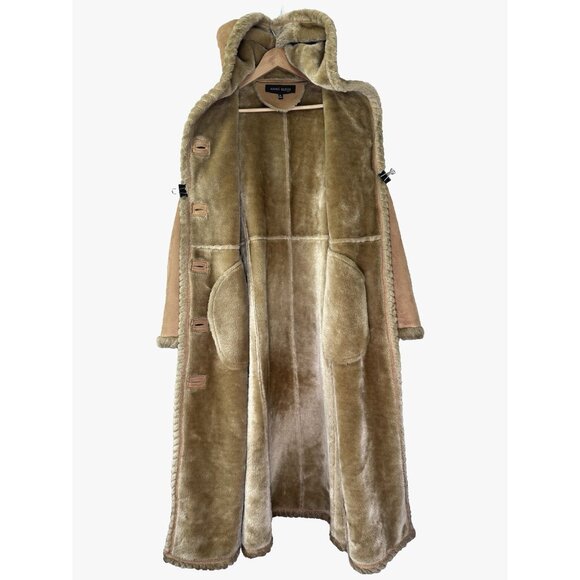 Womens XL Penny Lane Tan Faux Suede Maxi Hooded Full Length Faux Fur Trim Coat - Picture 3 of 15